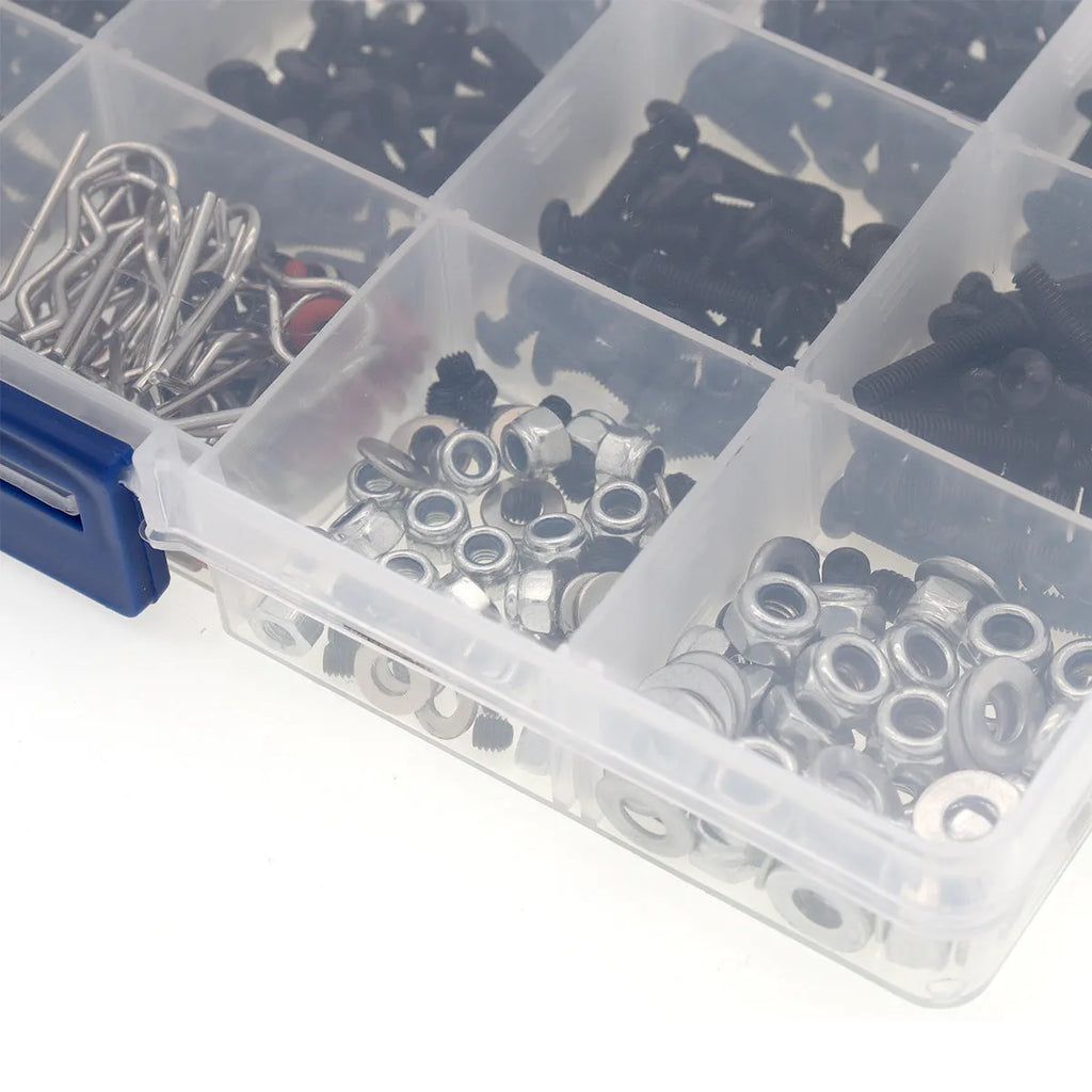 Metal and plastic screw box set with 500 pieces and three small wrenches for 1/10 and 1/8 RC cars