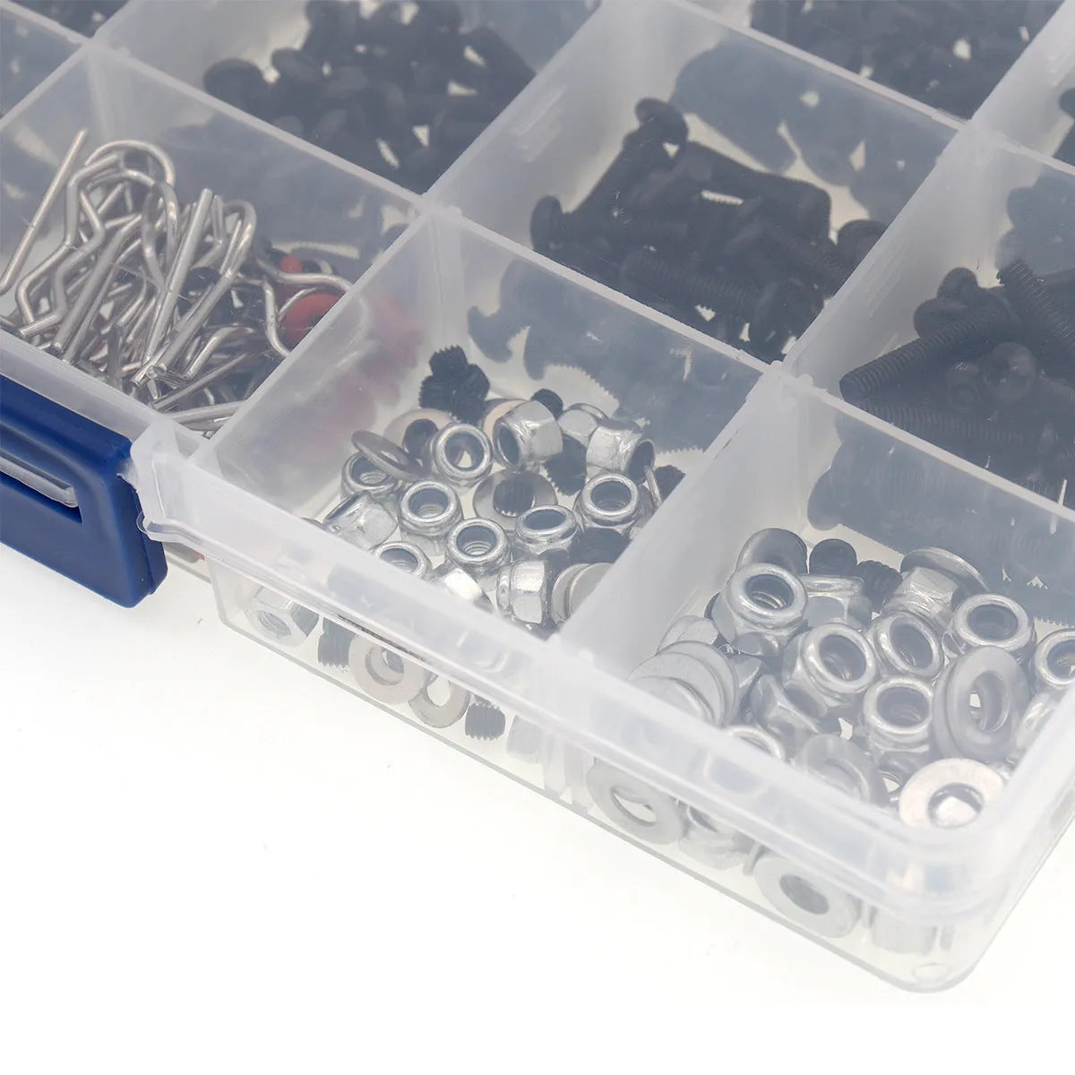 Metal and plastic screw box set with 500 pieces and three small wrenches for 1/10 and 1/8 RC cars