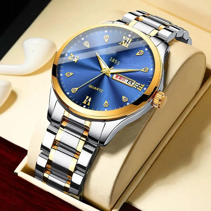 Men's quartz luminous waterproof watch with circular 40mm dial and mineral glass, shown in a dark colour