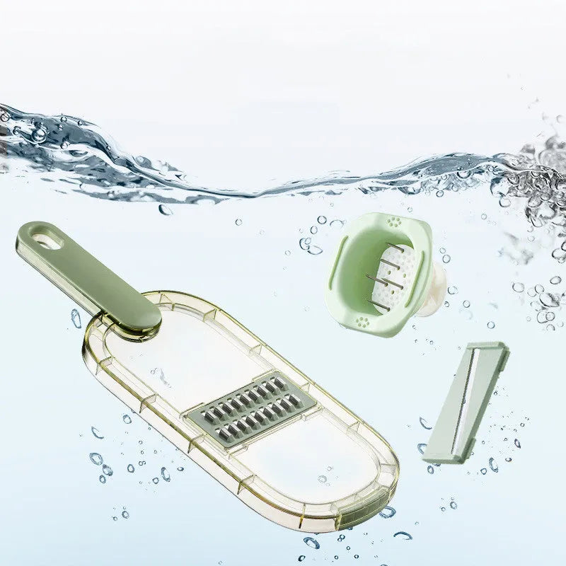 Multi-function hand rub vegetable slicer with PET board, 3 or 6 blades, Matcha Green or Clear Green, 34.6x11.4x1.8cm