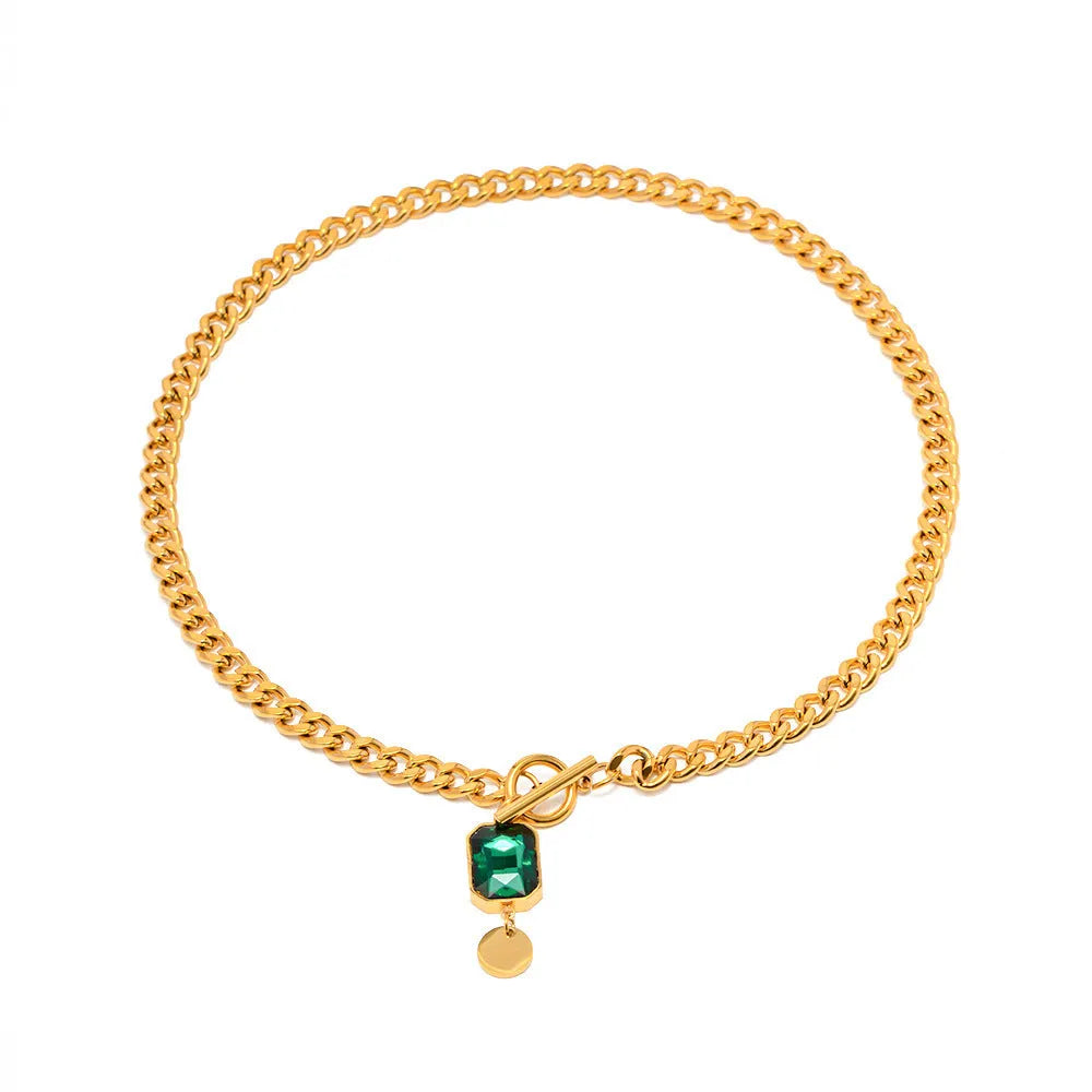 Gold electroplated titanium steel pendant necklace with geometric round pendant and Cuban link chain