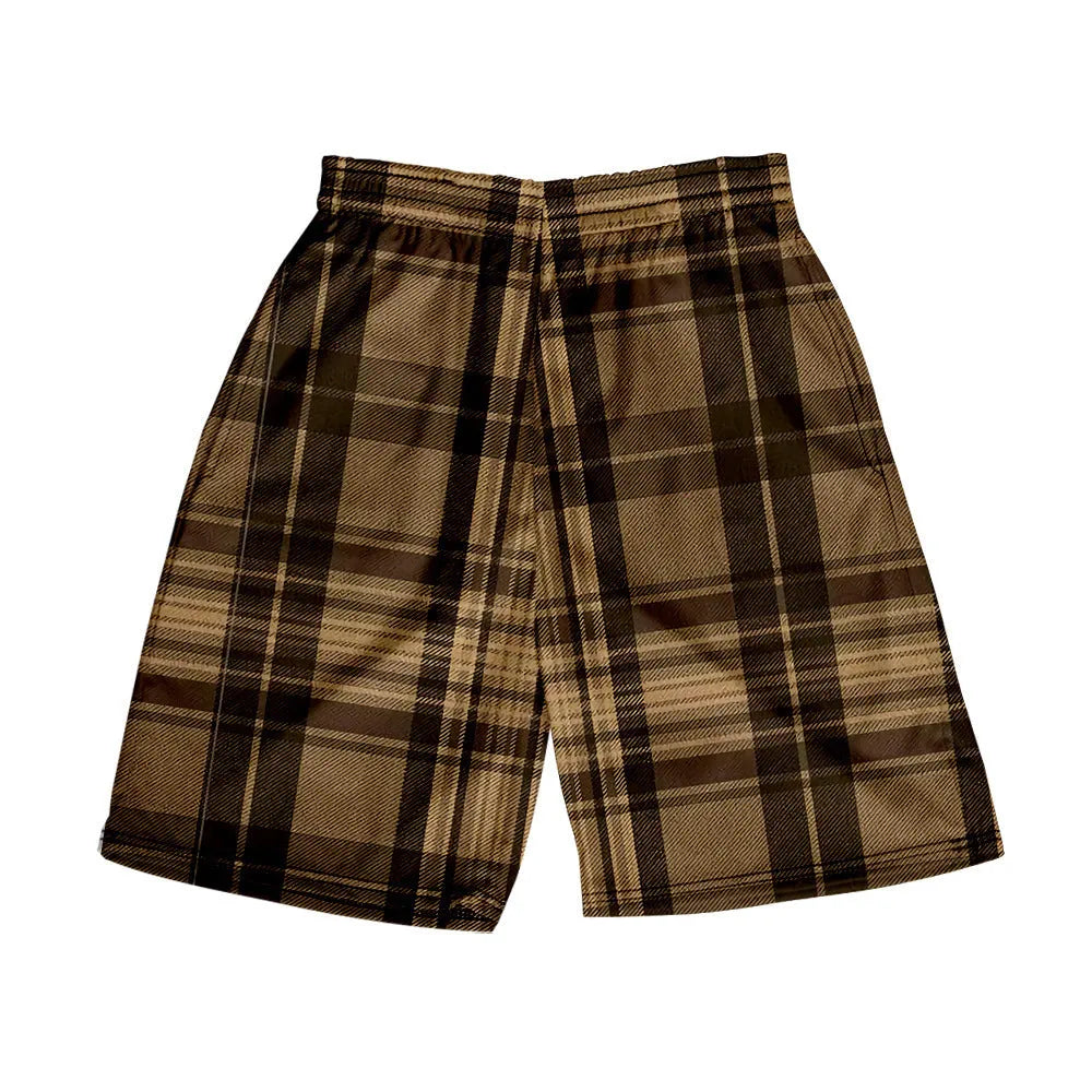 Man wearing plaid print straight-leg shorts with an elastic waistband, showing multiple colour options.