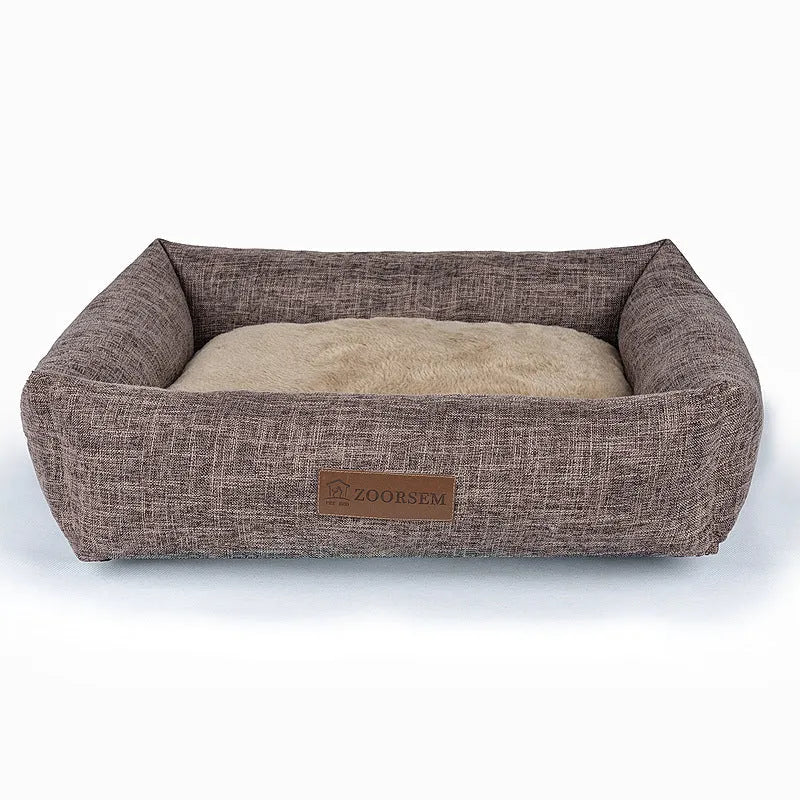 A square grey and brown plaid linen dog bed for winter, shown in an extra large 80x60cm size.