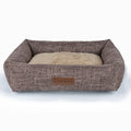 A square grey and brown plaid linen dog bed for winter, shown in an extra large 80x60cm size.