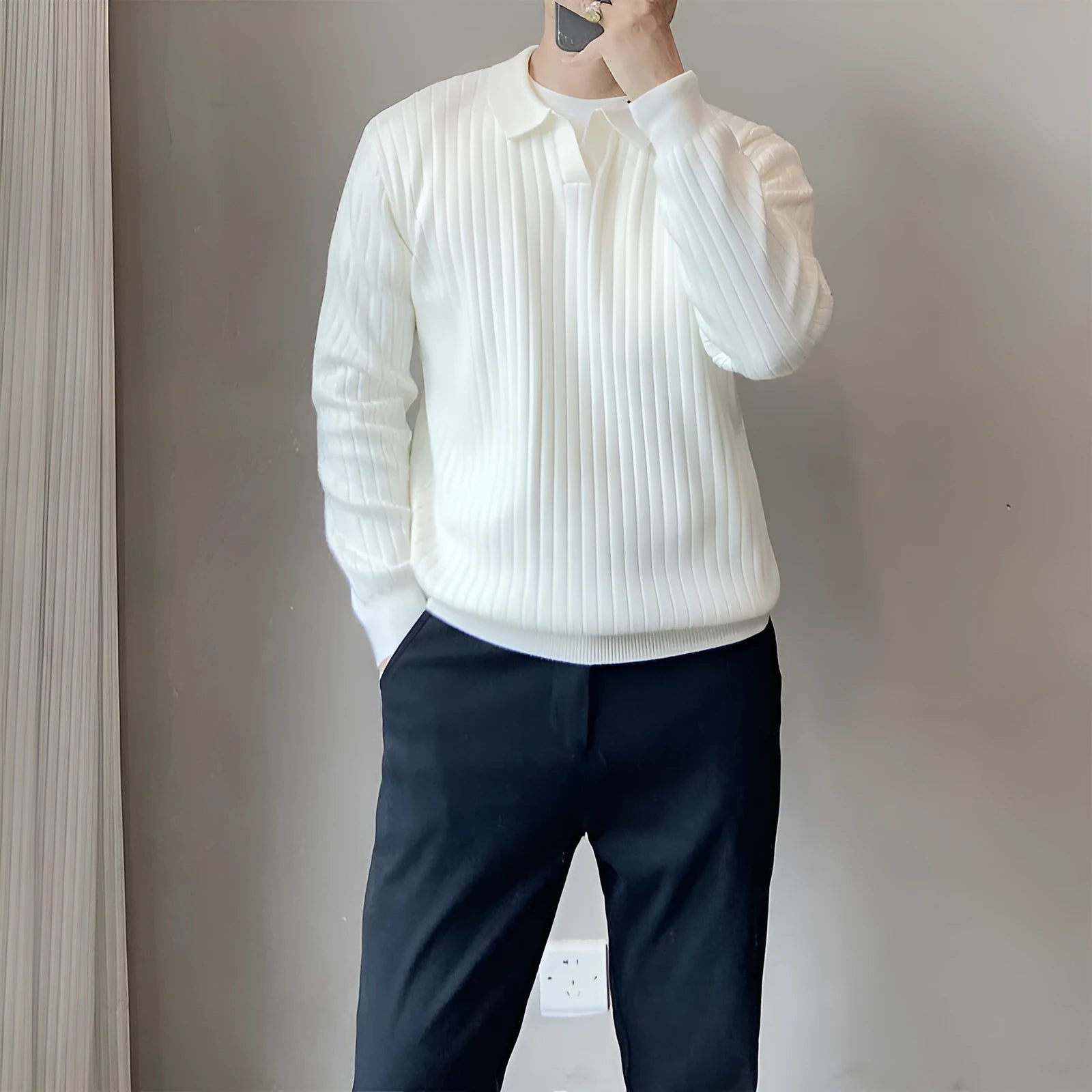 Boys black knitted pullover sweater with lapel stripes and elastic loose fit
