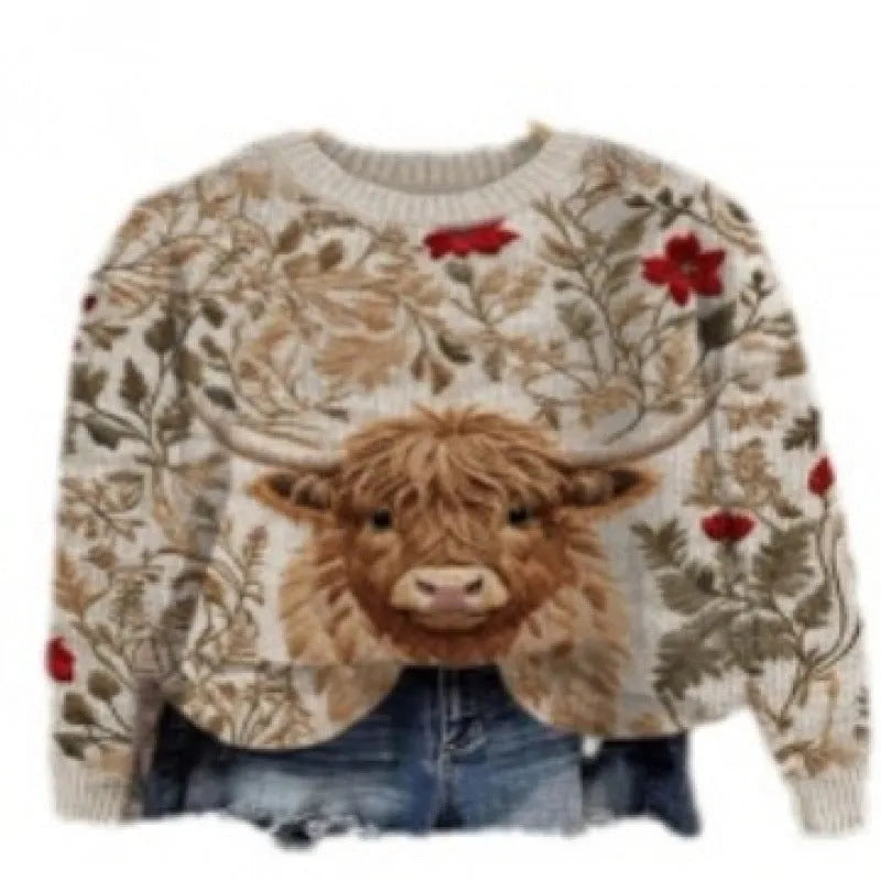 Women's round neck long sleeve sweater with a digital floral print pattern.