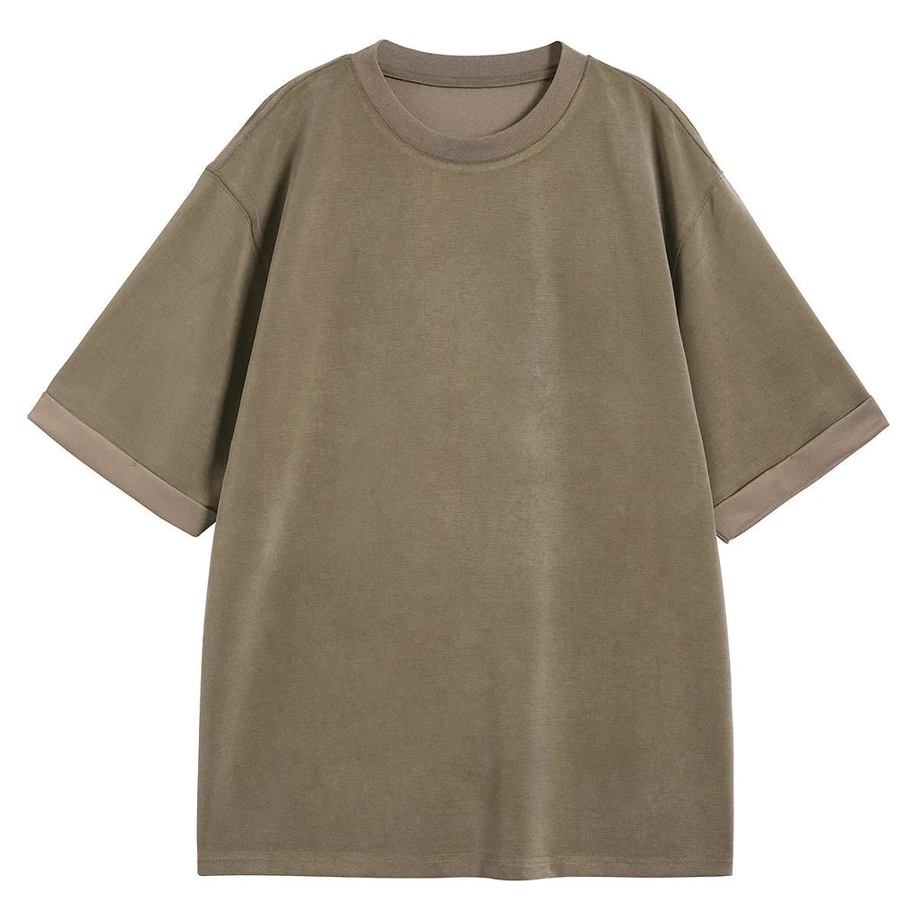 Men's drape knit T-shirt loose casual short sleeve solid colour polyester blend black