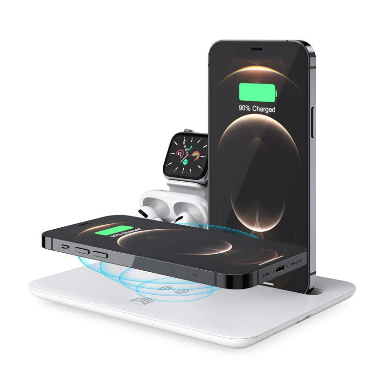 Black wireless desktop charging station with phone charging pad, watch USB port, and headphone charging port