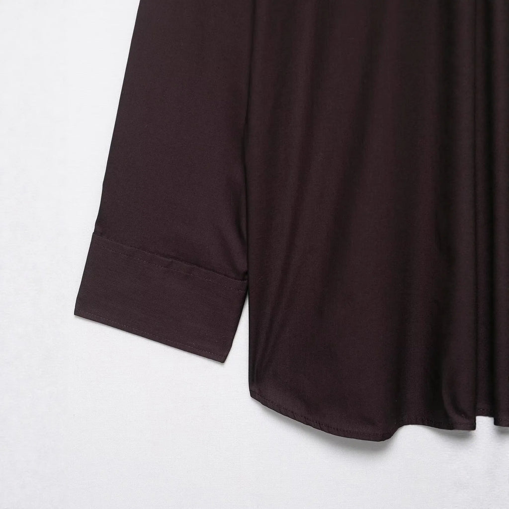 Brown women's poplin shirt with scarf bow tie detail and loose cardigan style