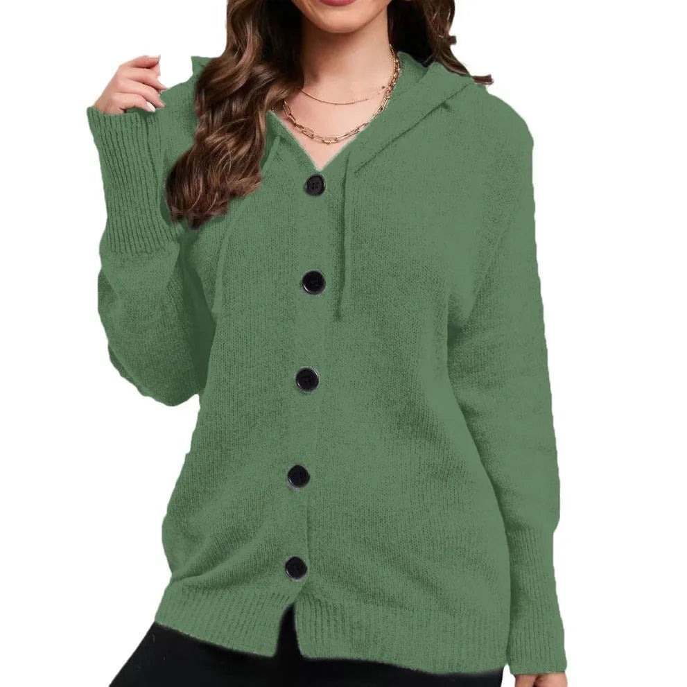 Women's thick cotton hooded cardigan sweater in solid colour with single-breasted closure.