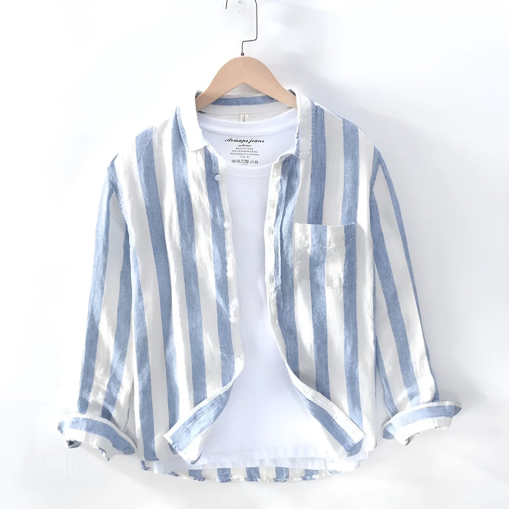 Men's blue Hong Kong style long sleeve loose fit shirt for plus size spring summer wear