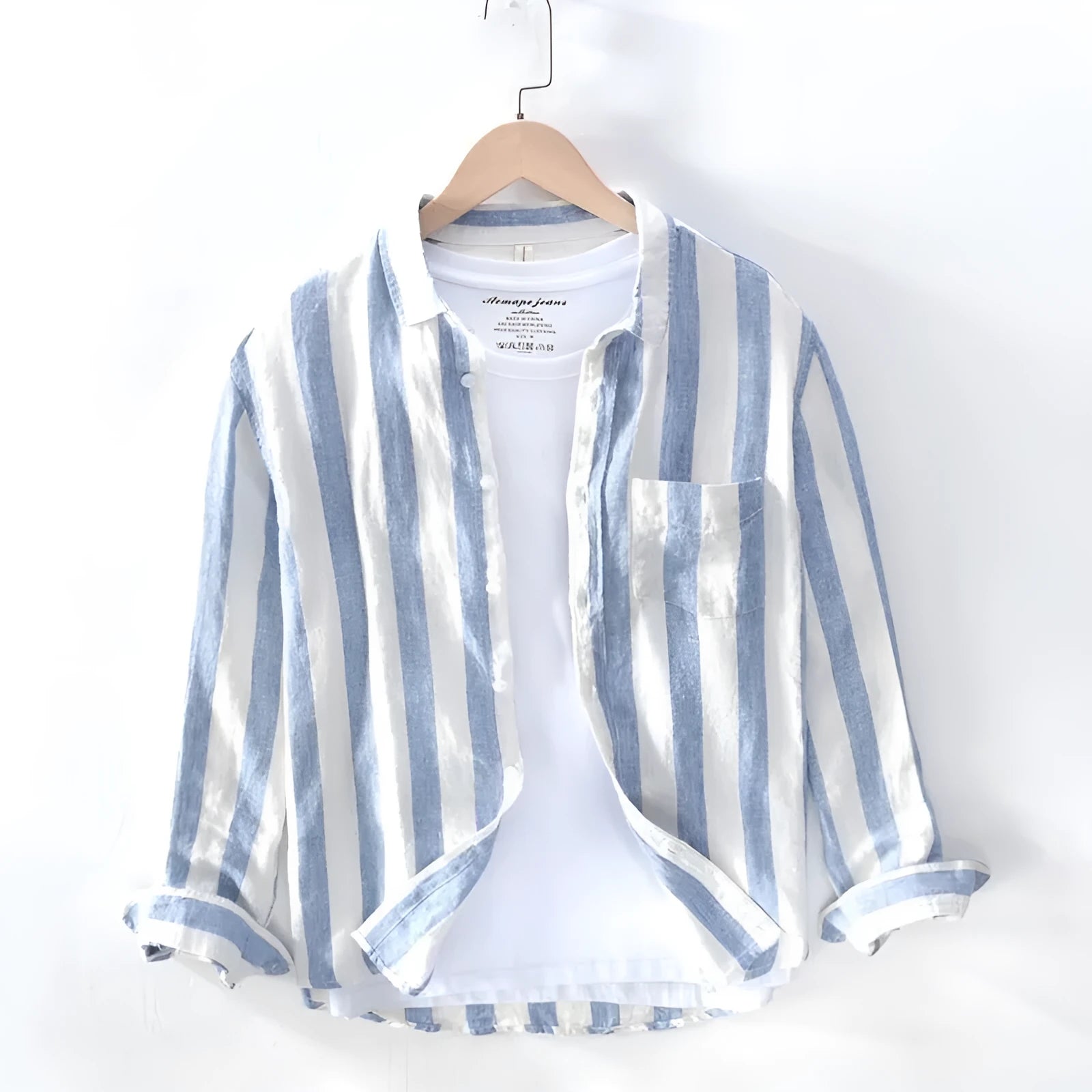 Men's blue Hong Kong style long sleeve loose fit shirt for plus size spring summer wear