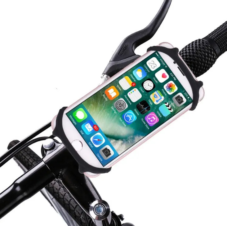 Silicone bicycle mobile phone bracket in black, mounted on handlebar, holding a smartphone vertically
