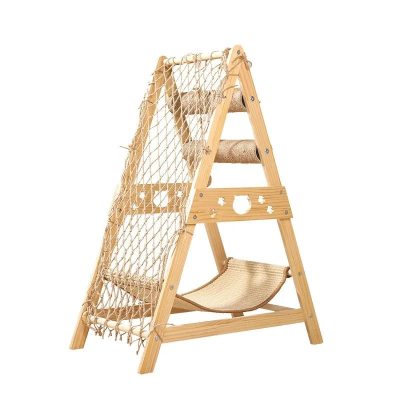 Creative Home solid wood cat climbing frame with sisal climbing net and space capsule in simple style