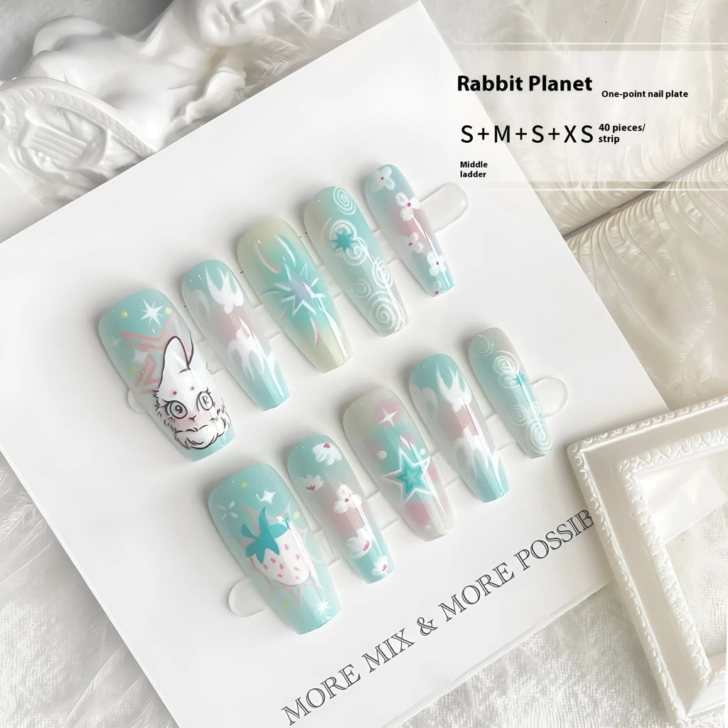 Cartoon cute rabbit middle ladder fake nails with cat's paw pattern, Rabbit Planet XB2-902, 40 pieces.