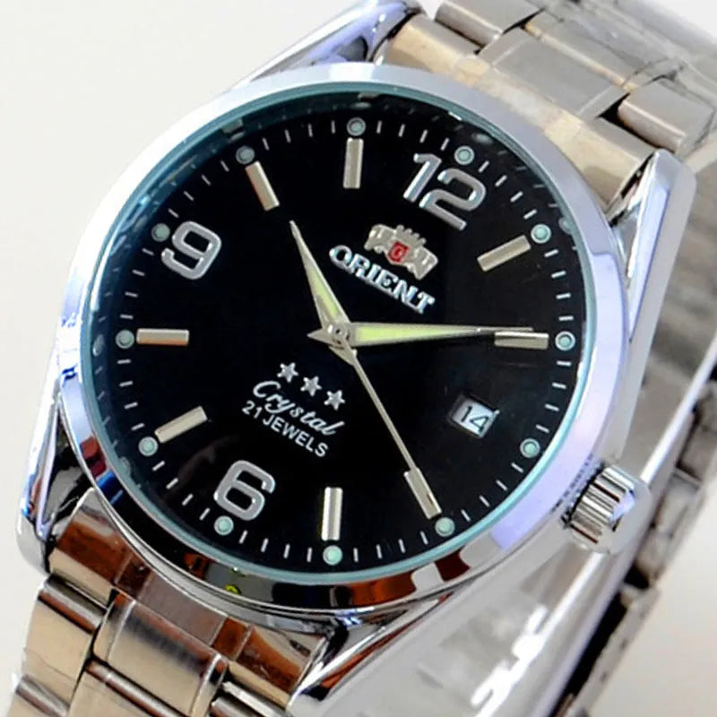 Men's automatic mechanical watch with 40.5mm dial, mineral glass, black dial, and pointer display