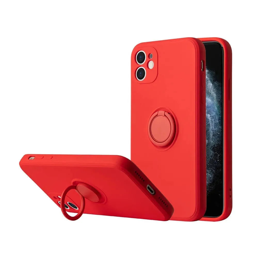 Black silicone iPhone case with a built-in metallic ring bracket on the back, shown fitted to an iPhone 12.