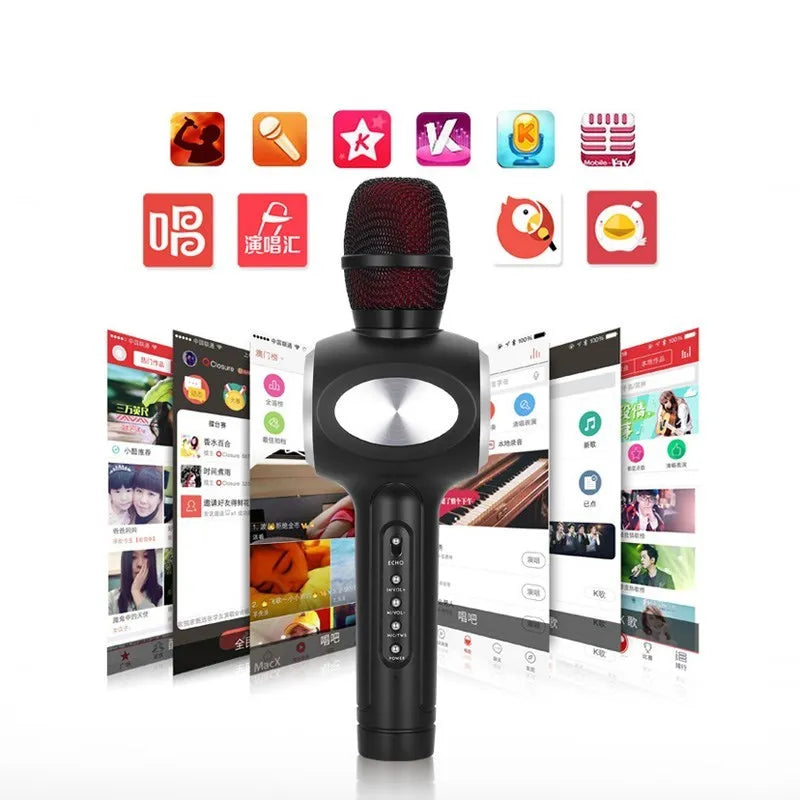 Yaerjia E108 black mobile karaoke microphone with built-in speaker grill and controls.