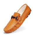Men's black leather casual peas shoes with a belt buckle and rubber sole.