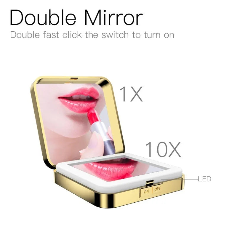 Black and white lighted vanity makeup mirror showing 4x magnifying side and regular mirror with adjustable LED lights.