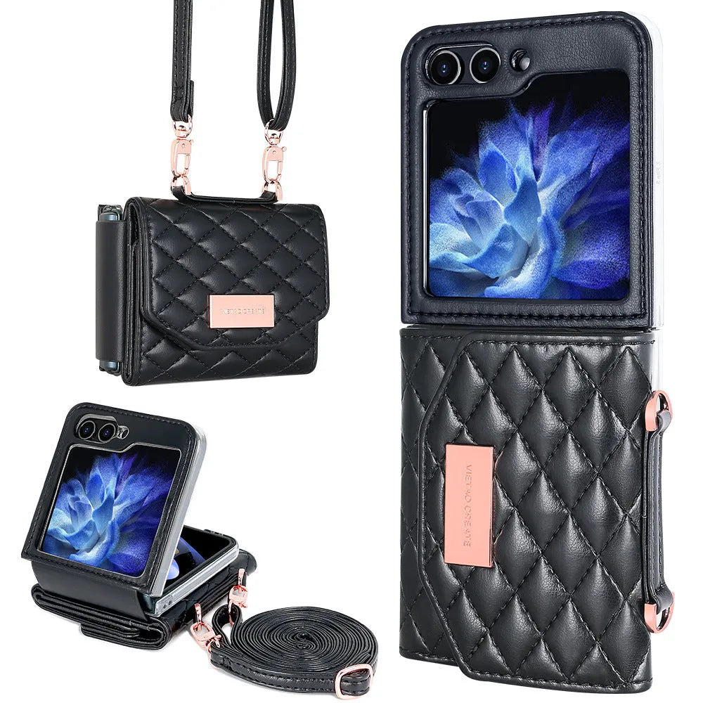 Fashion lanyard phone cover for Samsung Z Flip4 Flip5 Flip6 in purple with crossbody strap and card slot