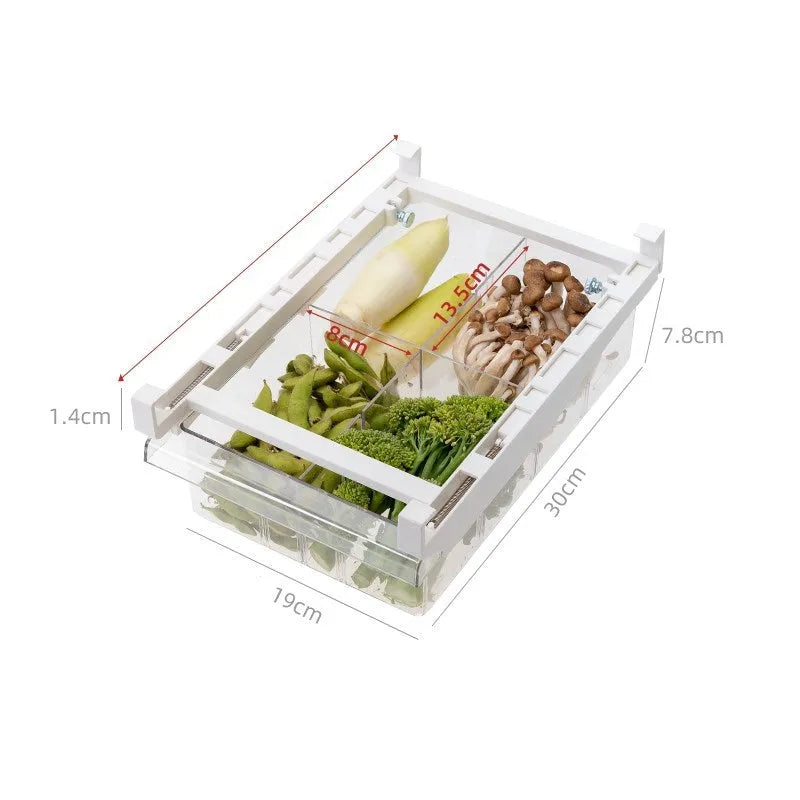 Transparent plastic stackable fridge storage rack with pull-out drawer for eggs and vegetables