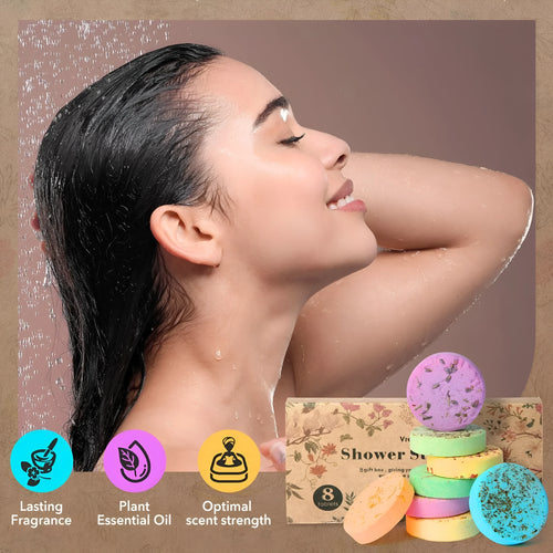 Set of eight round dried flower fragrance shower pieces, 35g each, bath salts type