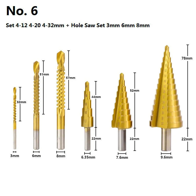 High speed steel cone step drill bits and a centre punch tool set for metal drilling.