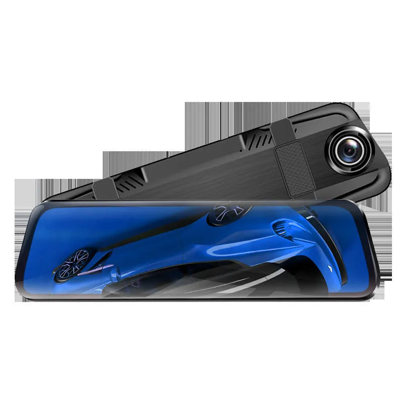 Dual cameras driving recorder with 10-inch 2.5D full glass screen, 170-degree wide-angle lens, and rearview mirror mount.