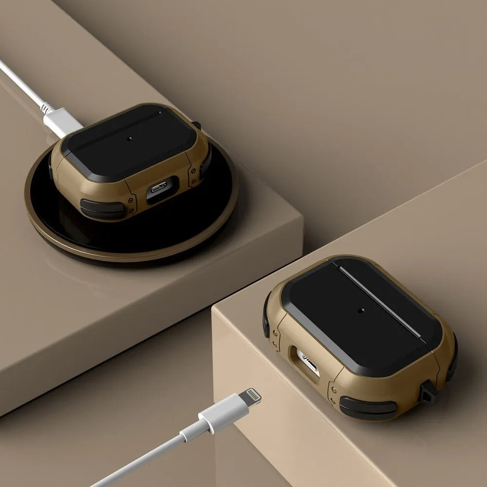 Black TPU and PC plastic protective shell snapped onto a white Apple AirPods Pro charging case.