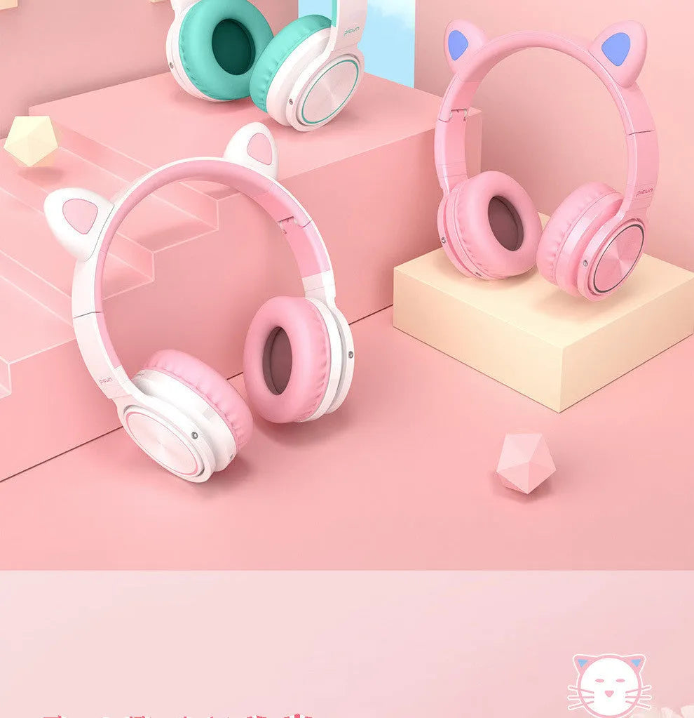 Pink and white luminous Bluetooth wireless headset with head-mounted design and 40mm speakers