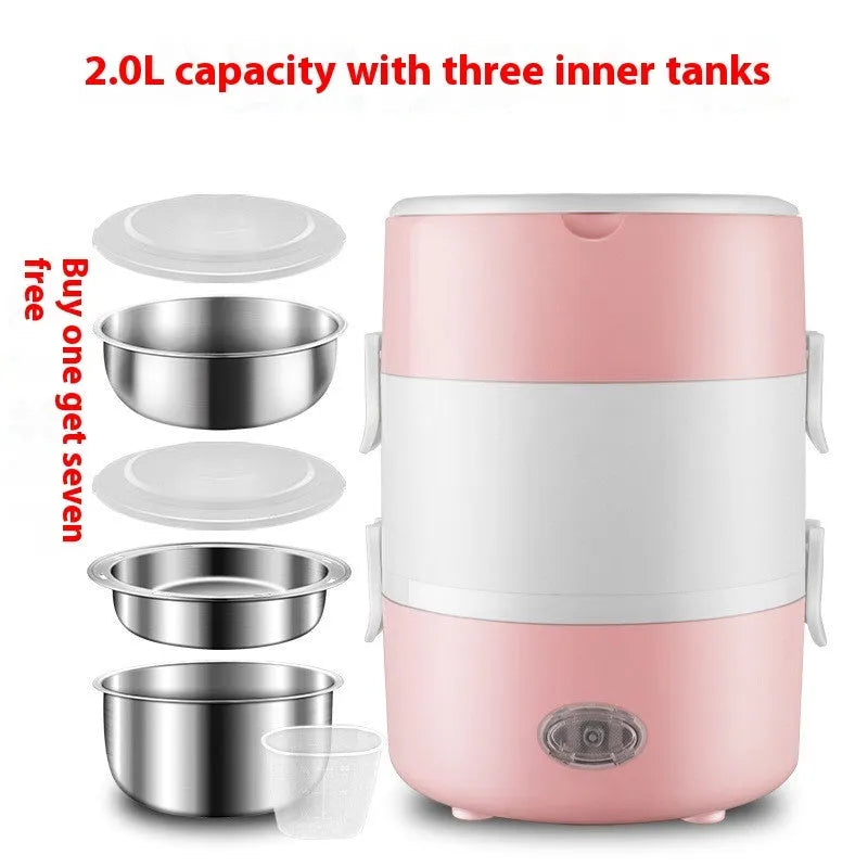 Portable plug-in insulated lunch box in double layer pink with stainless steel inner liner and electrical plug