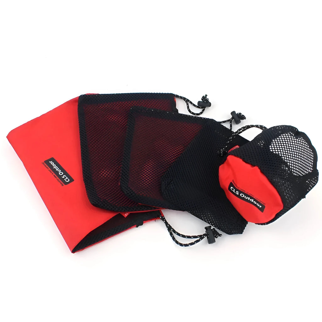 Red outdoor travel storage bag set containing five Oxford cloth and mesh organisers with zipper closures