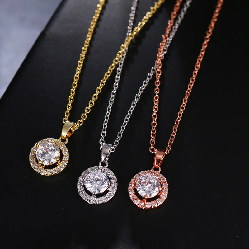 Women's simple round zircon inlaid clavicle chain necklace and earrings set in gold, silver, and rose gold