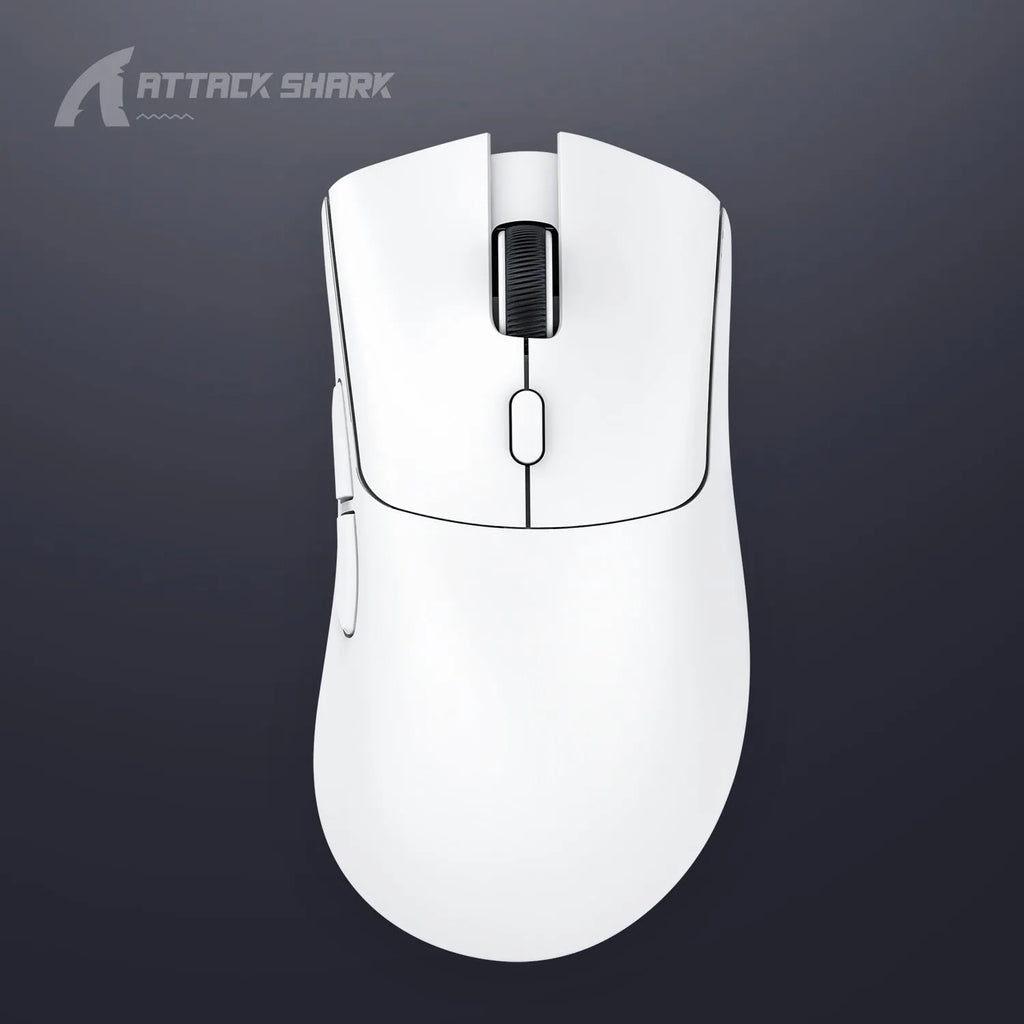 Attack Shark wireless gaming mouse in black, red and white colours showing compact design