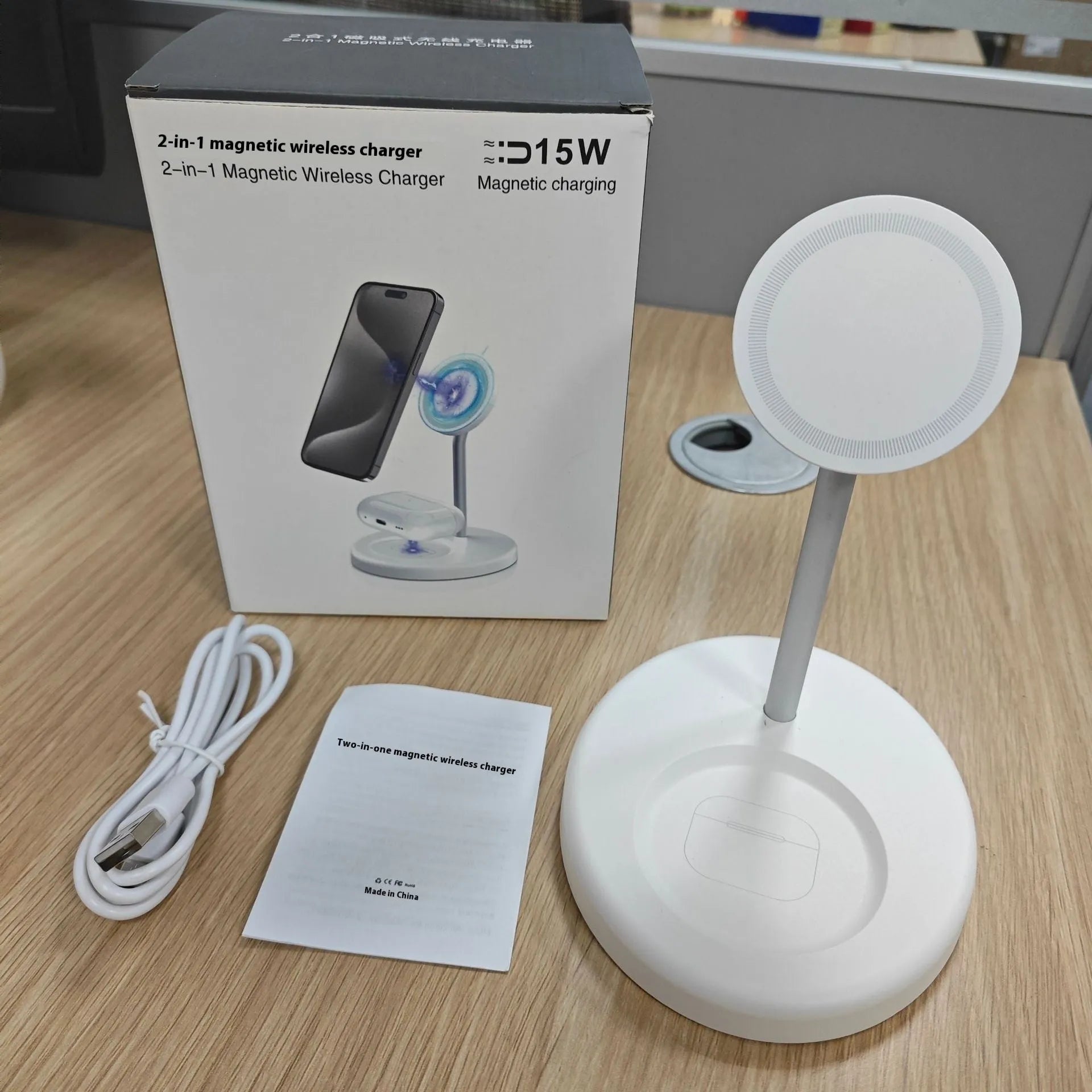 30W vertical wireless charger stand in white with cooling hole for fast, cool charging
