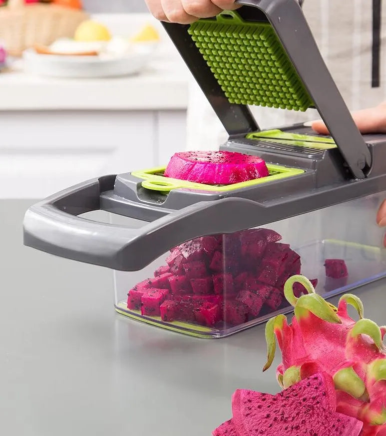 Multifunctional vegetable cutter with 7 stainless steel blades on a kitchen counter, compact 31.8 x 11.5 x 11.5 cm size