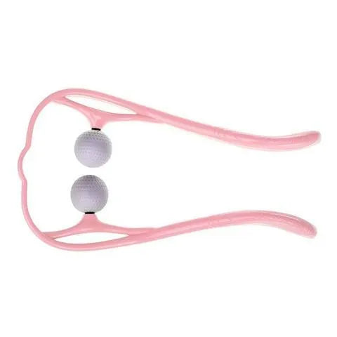 Plastic hand-held neck and shoulder massager with adjustable stand in pink, blue, or green colour.