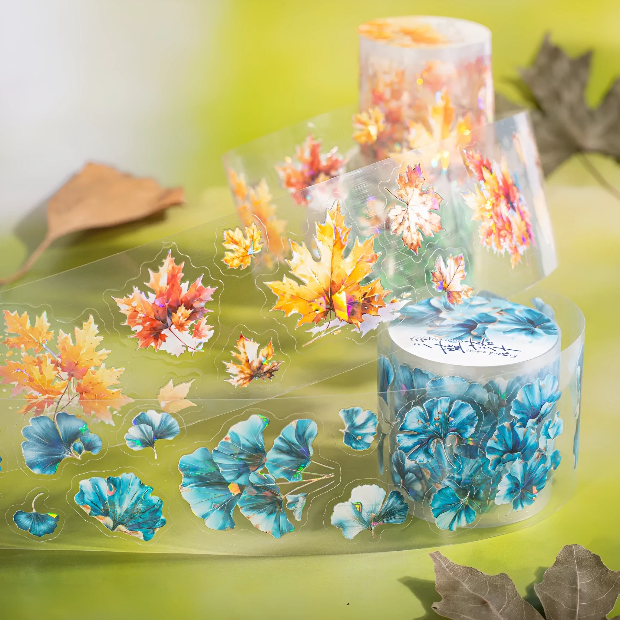 PET decorative sticker roll showing six leaf patterns including ginkgo and maple designs for craft projects