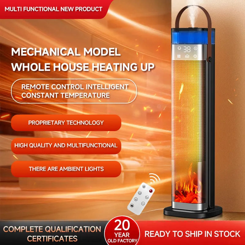 Tall, slender intelligent vertical heater with humidification function and remote control.