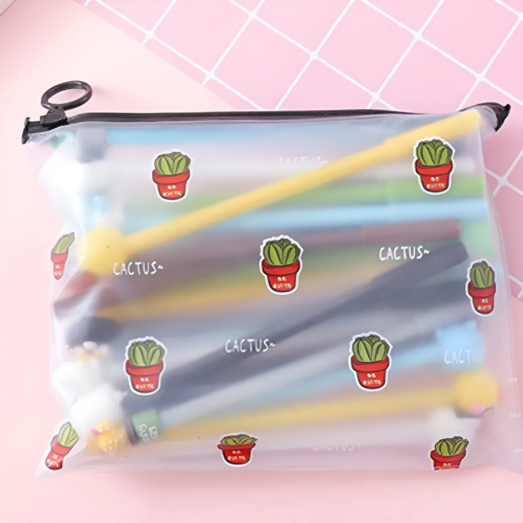 Marvel-branded plastic case open to show twenty cartoon cactus design pens with 0.5mm black ink.
