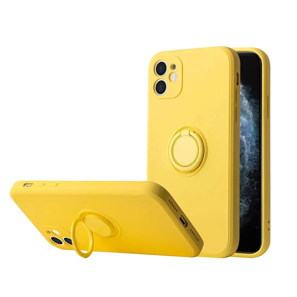 Black silicone iPhone case with a built-in metallic ring bracket on the back, shown fitted to an iPhone 12.