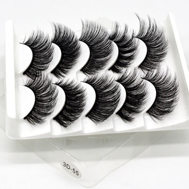 Handmade thick long natural false eyelashes in 3D fiber construction, pack of 5 pairs