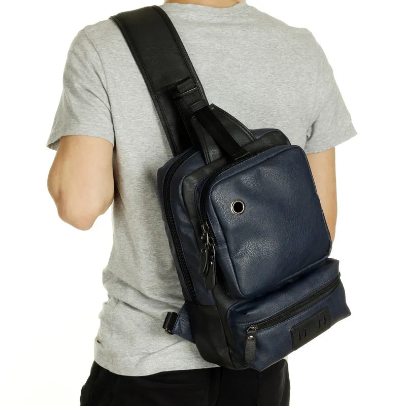 PU leather men's chest bag satchel in black, 21x13x34cm, with zip opening and ID pocket, fits 9.7 inch iPad