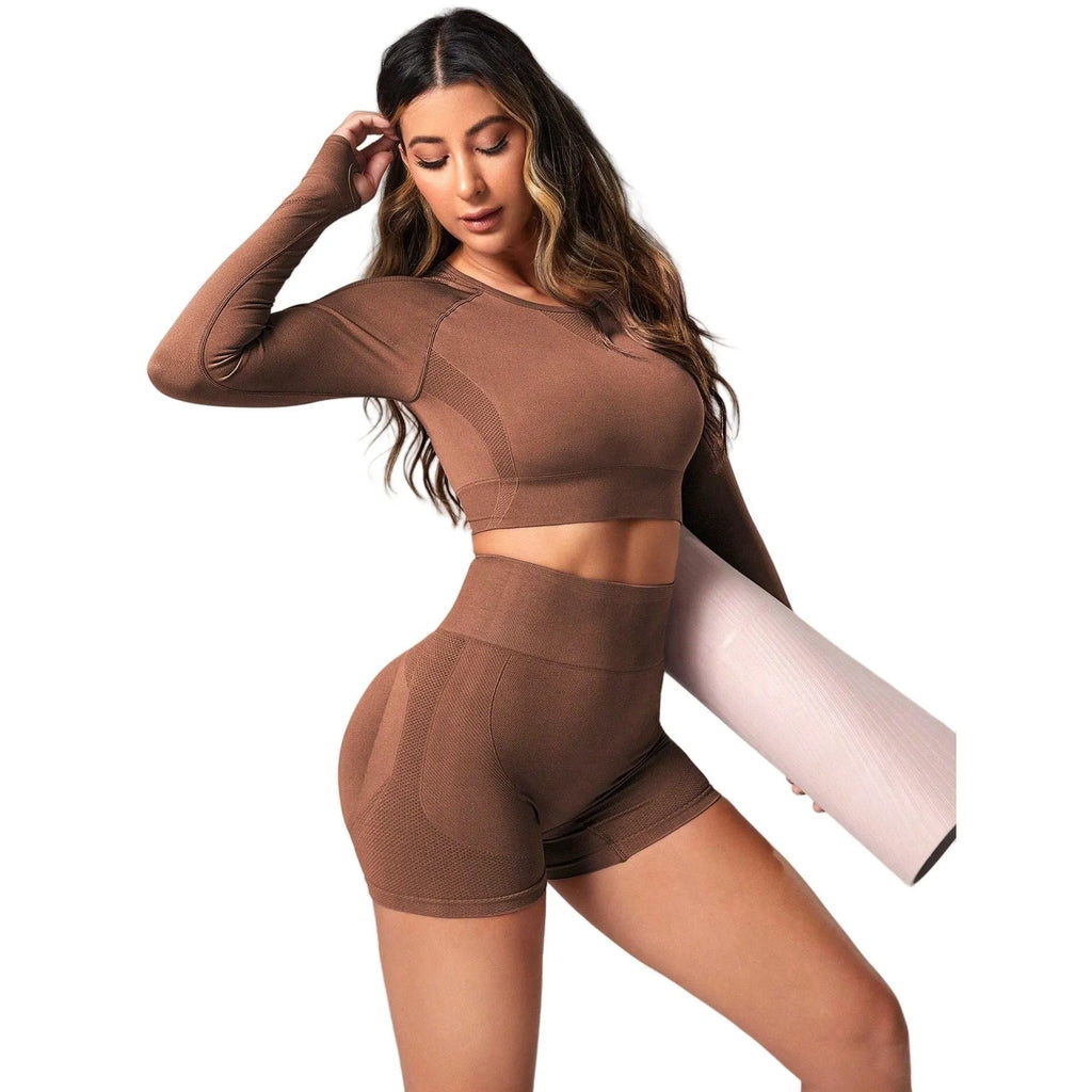Women's yoga clothes suit set showing high waist leggings and long sleeve pullover top