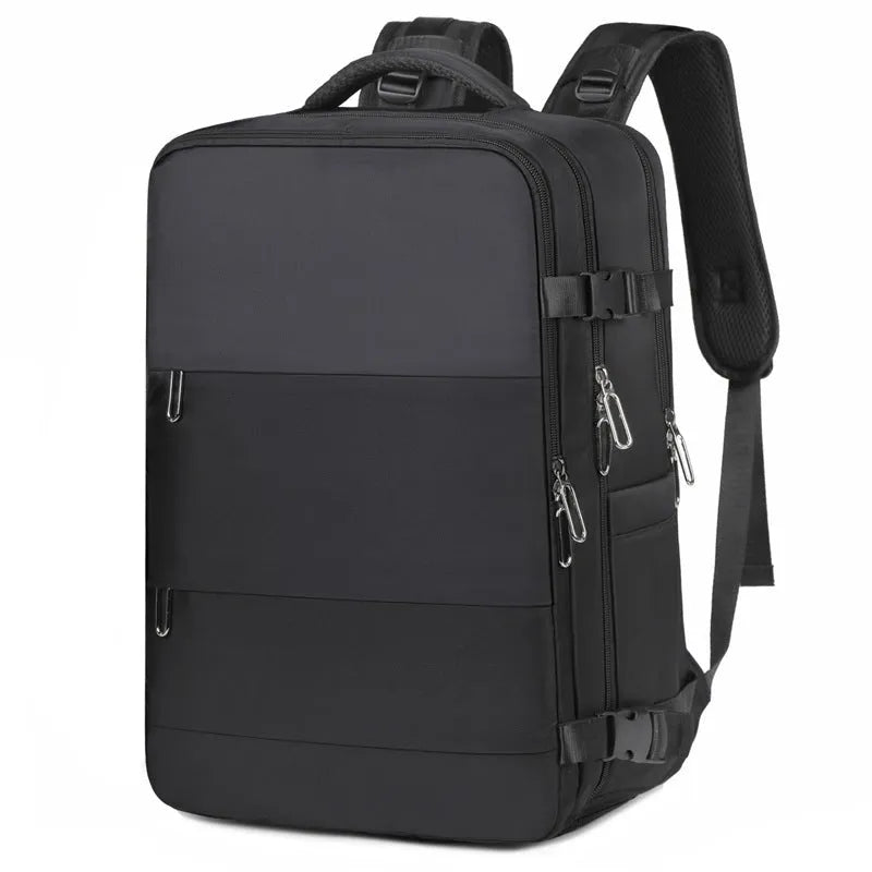 Large purple travel backpack with multiple compartments and an air pillow strap system, shown on a neutral background.