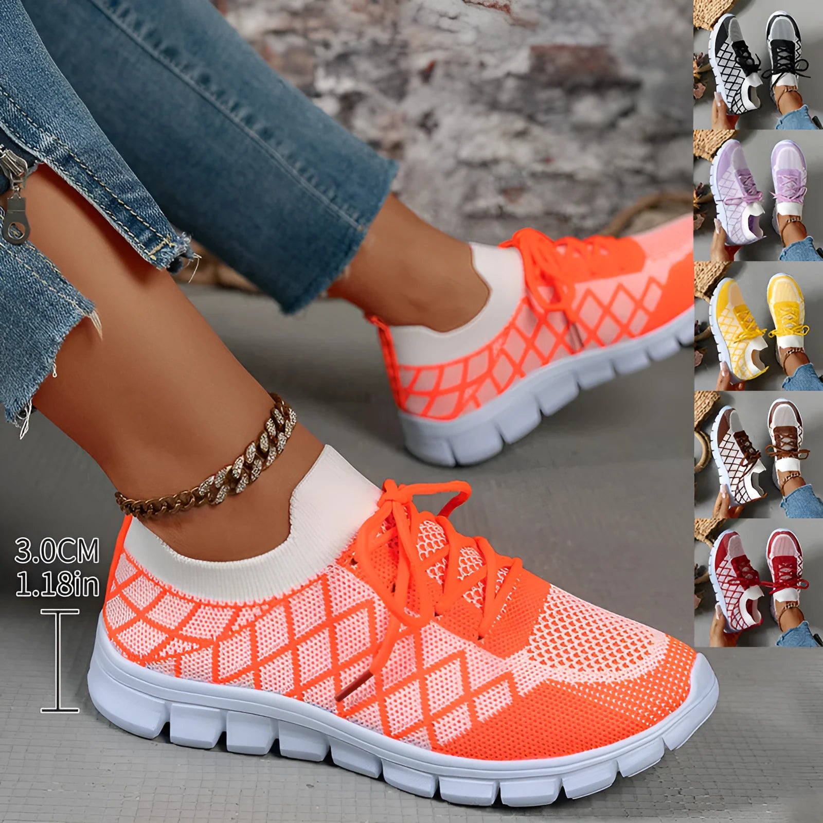 Colourblock plaid flyknit sneakers with mesh upper, lace-up closure, round toe, flat heel, women's casual walking shoes