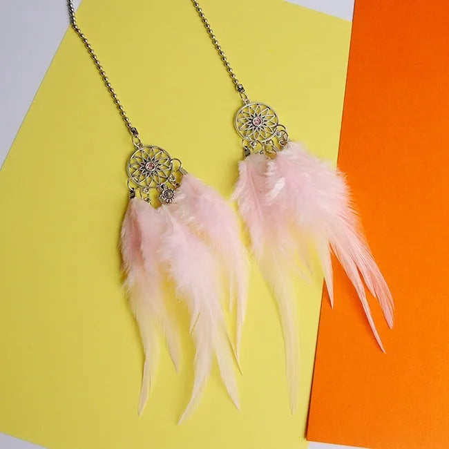 Dreamcatcher car ornament with metal and feather detail, hanging car charm in six colours