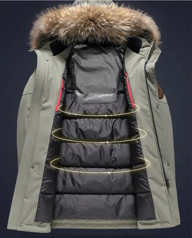 Men's hooded down trench coat with cashmere blend, medium length 65-80cm, in green, black or blue, sizes M to 3XL.