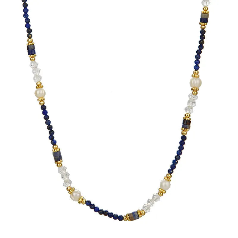 Women's Chinese retro natural stone pearl crystal necklace with adjustable chain, blue natural stone stringed pearls style